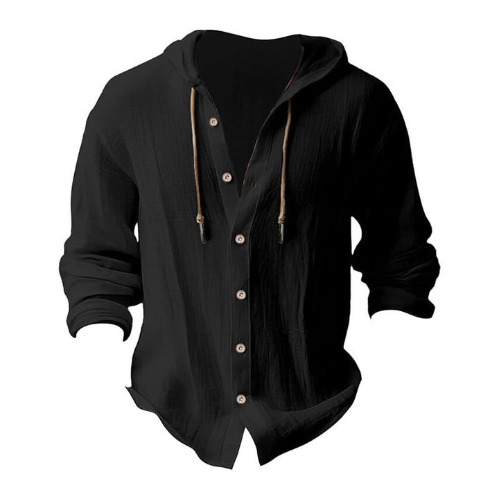 Camicia da uomo in lino con cappuccio, coulisse, bottoni, manica lunga, tinta unita, motivo Buddha Stones - image 2