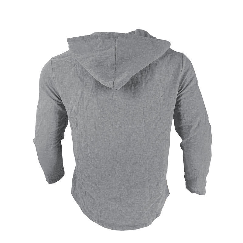 Camicia da uomo in lino con cappuccio, coulisse, bottoni, manica lunga, tinta unita, motivo Buddha Stones - image 12