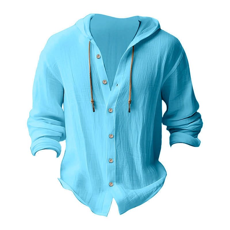 Camicia da uomo in lino con cappuccio, coulisse, bottoni, manica lunga, tinta unita, motivo Buddha Stones - image 20