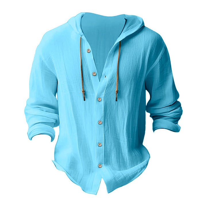 Camicia da uomo in lino con cappuccio, coulisse, bottoni, manica lunga, tinta unita, motivo Buddha Stones - image 20