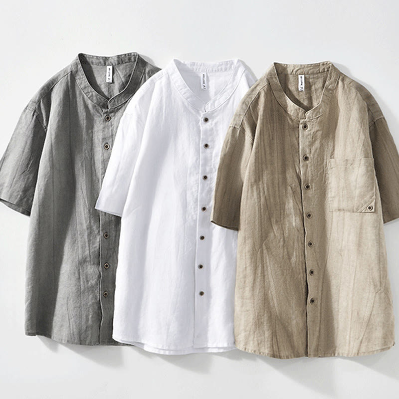 Camicia da uomo in lino e cotone ramiè con maniche corte e bottoni estivi Buddha Stones - image 2
