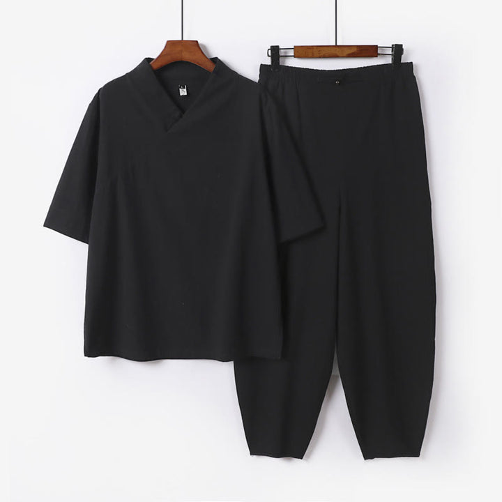 Set di 2 pezzi Buddha Stones, camicia a maniche corte in cotone con scollo a V e pantaloni con tasche, in tessuto per meditazione da uomo - Nero - US/UK/AU56,EU66 (9XL) - image 17