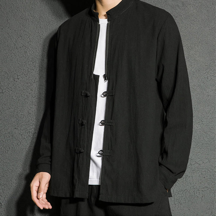 Camicia da uomo a maniche lunghe in cotone con cerniera semplice, bottoni cinesi e rana, motivo Buddha Stones - image 6