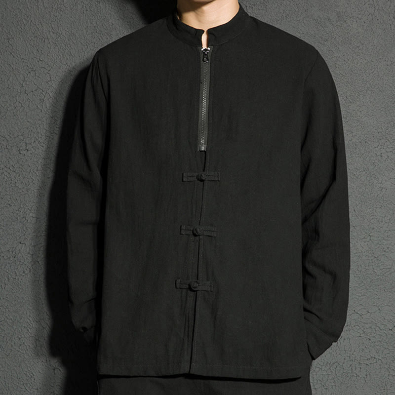 Camicia da uomo a maniche lunghe in cotone con cerniera semplice, bottoni cinesi e rana, motivo Buddha Stones - image 5