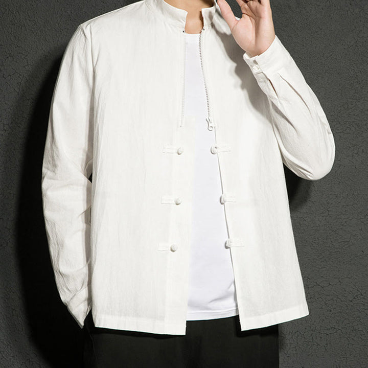 Camicia da uomo a maniche lunghe in cotone con cerniera semplice, bottoni cinesi e rana, motivo Buddha Stones - image 13