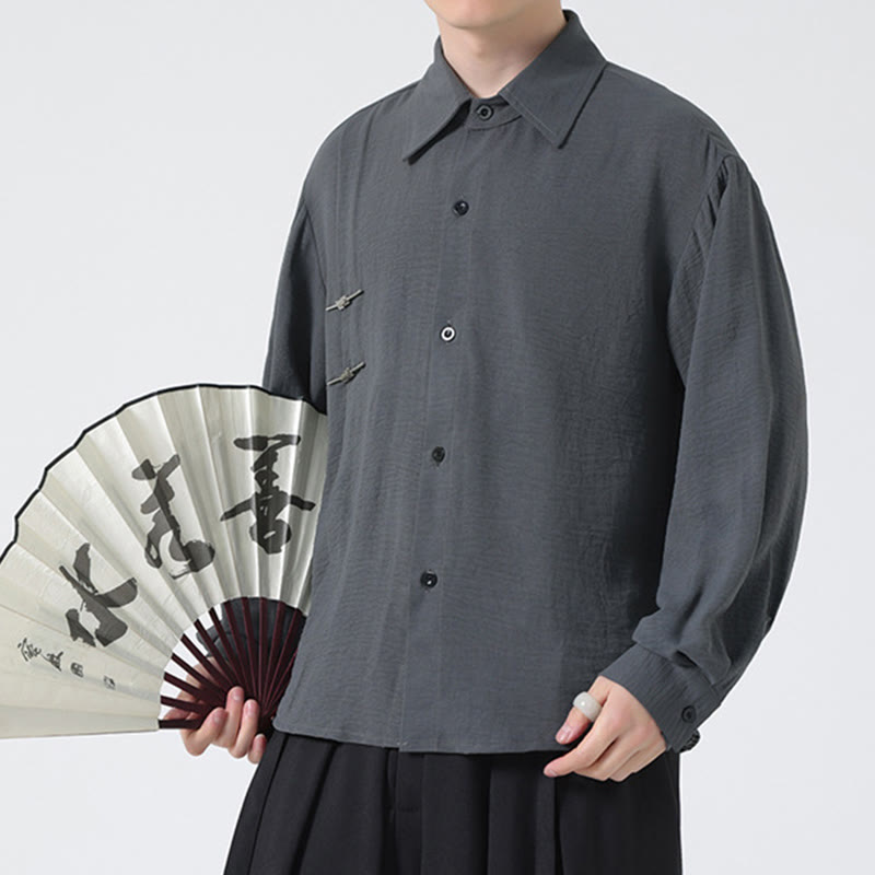 Camicia da uomo in cotone a maniche lunghe con colletto rialzato e bottoni semplici Buddha Stones - Grigio - US/UK/AU46, EU56 (5XL) - image 1