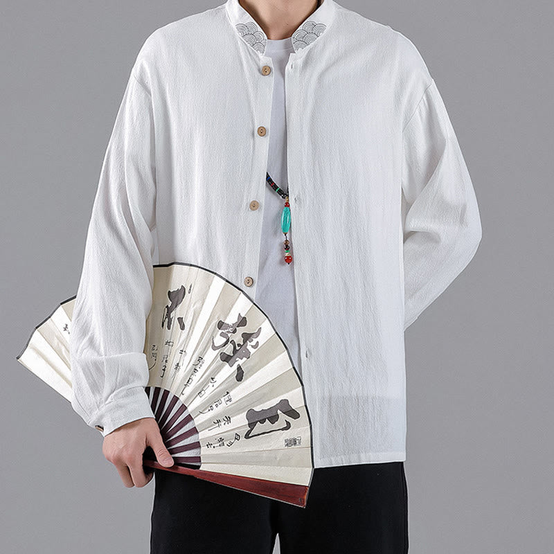 Camicia da uomo in cotone a maniche lunghe con colletto rialzato, bottoni , Buddha Stones ricamate e nuvole di buon auspicio - image 8