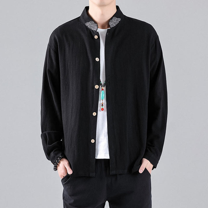 Camicia da uomo in cotone a maniche lunghe con colletto rialzato, bottoni , Buddha Stones ricamate e nuvole di buon auspicio - image 2