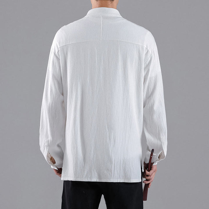 Camicia da uomo in cotone a maniche lunghe con colletto rialzato, bottoni , Buddha Stones ricamate e nuvole di buon auspicio - image 9