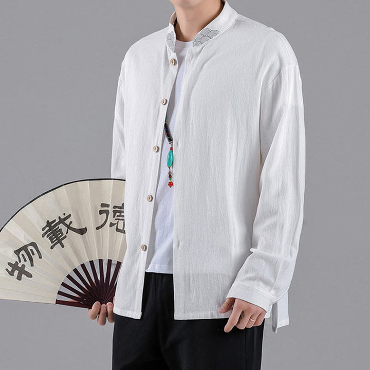 Camicia da uomo in cotone a maniche lunghe con colletto rialzato, bottoni , Buddha Stones ricamate e nuvole di buon auspicio - image 12