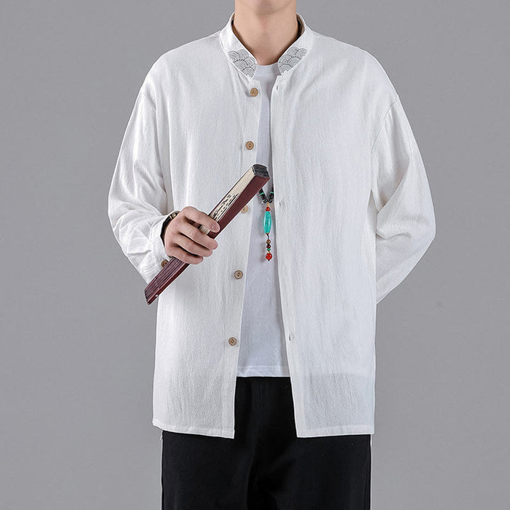 Camicia da uomo in cotone a maniche lunghe con colletto rialzato, bottoni , Buddha Stones ricamate e nuvole di buon auspicio - image 13