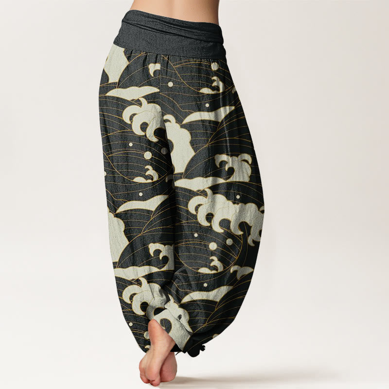 Pantaloni harem da donna con elastico in vita e motivo a onde astratte casual Buddha Stones - image 3