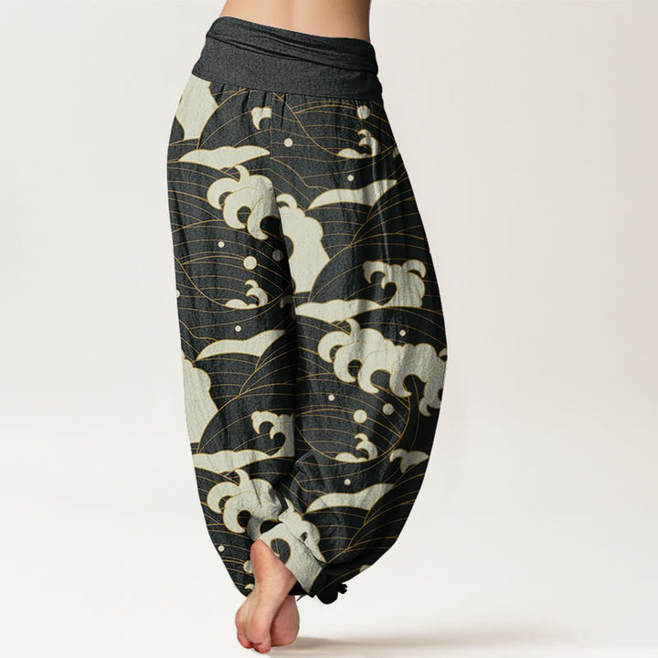 Pantaloni harem da donna con elastico in vita e motivo a onde astratte casual Buddha Stones - image 3
