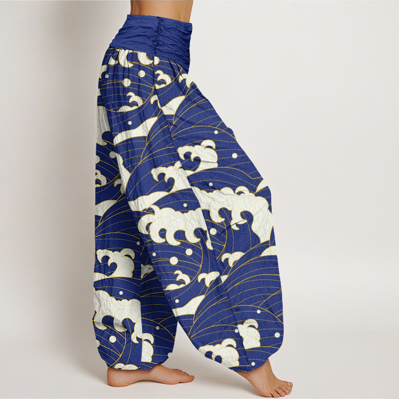Pantaloni harem da donna con elastico in vita e motivo a onde astratte casual Buddha Stones - image 9