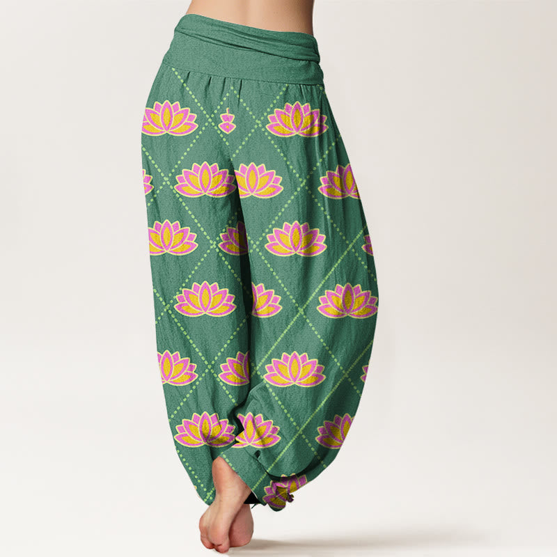 Pantaloni harem da donna con elastico in vita e motivo a fiori di loto, casual e vibranti, Buddha Stones - image 3