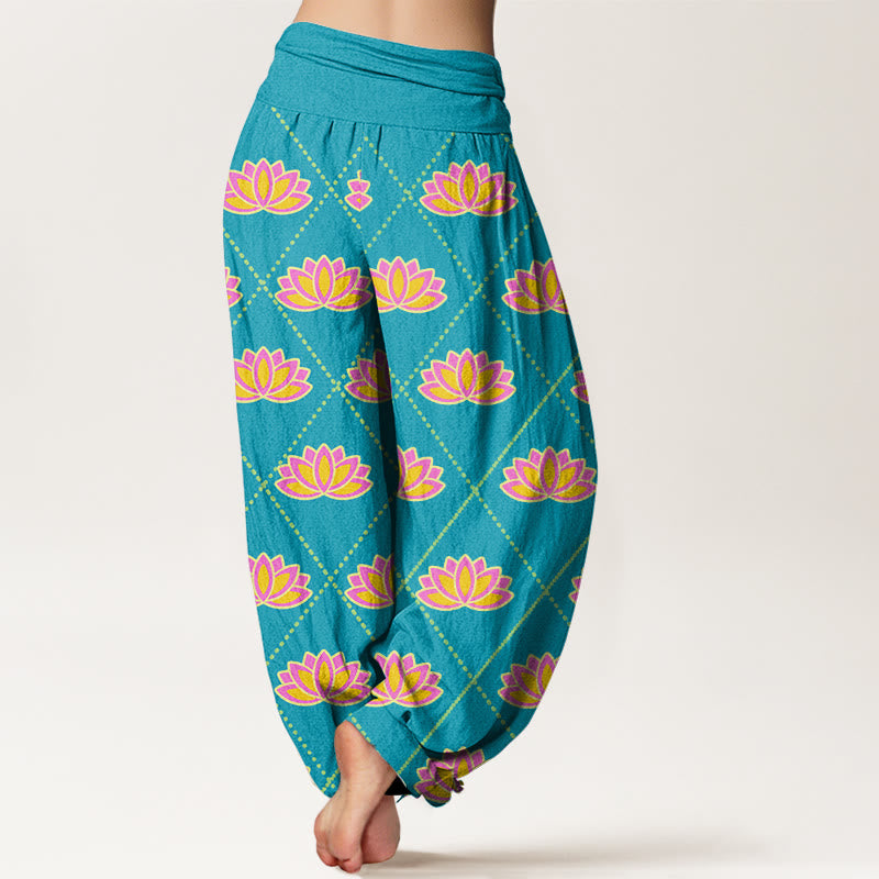 Pantaloni harem da donna con elastico in vita e motivo a fiori di loto, casual e vibranti, Buddha Stones - image 10