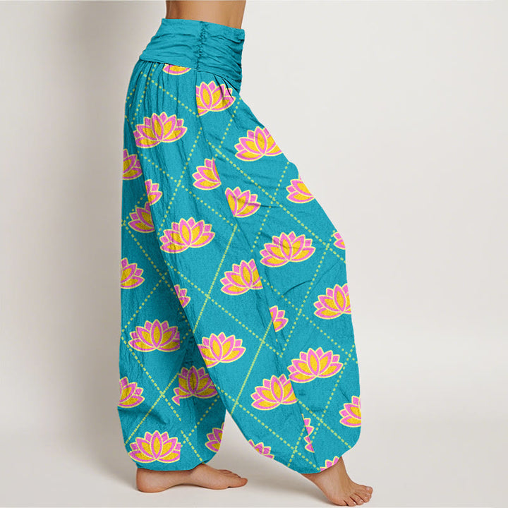 Pantaloni harem da donna con elastico in vita e motivo a fiori di loto, casual e vibranti, Buddha Stones - image 9