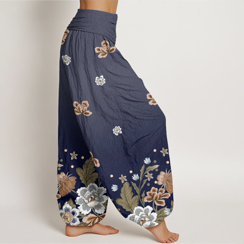 Pantaloni harem da donna con elastico in vita e motivo floreale casual con Buddha Stones - image 2
