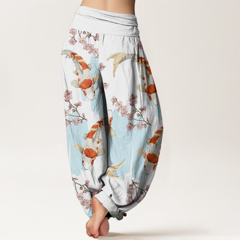 Pantaloni harem da donna con elastico in vita e motivo a fiori di ciliegio e motivo a pesci koi casual Buddha Stones - image 3