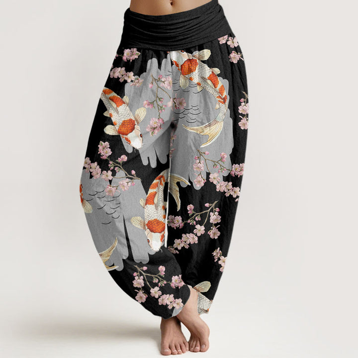 Pantaloni harem da donna con elastico in vita e motivo a fiori di ciliegio e motivo a pesci koi casual Buddha Stones - Nero - US22, UK/AU26, EU54 (6XL) - image 5