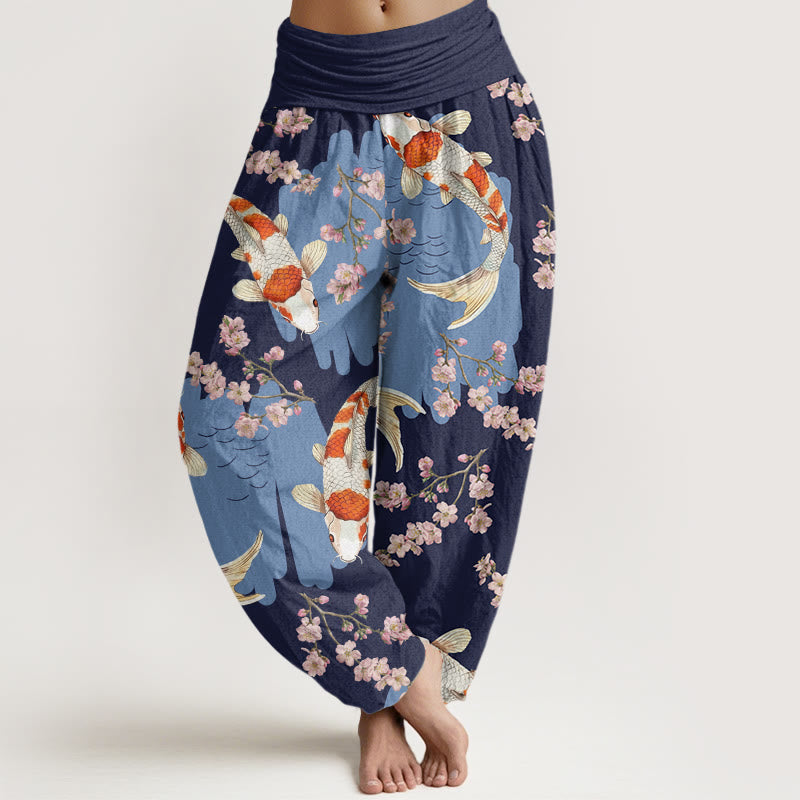 Pantaloni harem da donna con elastico in vita e motivo a fiori di ciliegio e motivo a pesci koi casual Buddha Stones - Blu notte - US22, UK/AU26, EU54 (6XL) - image 8