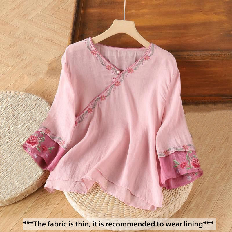Camicia da donna in cotone con maniche a tre quarti, motivo Buddha Stones Spring Retro, ricamo con bottoni - image 2
