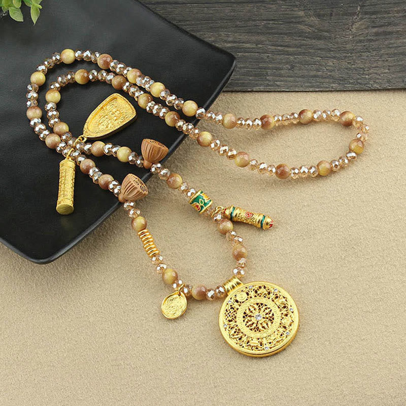 Collana con ciondolo in perle di occhio di tigre dorato, piastra rotonda tibetana con Buddha Stones e loto - image 8