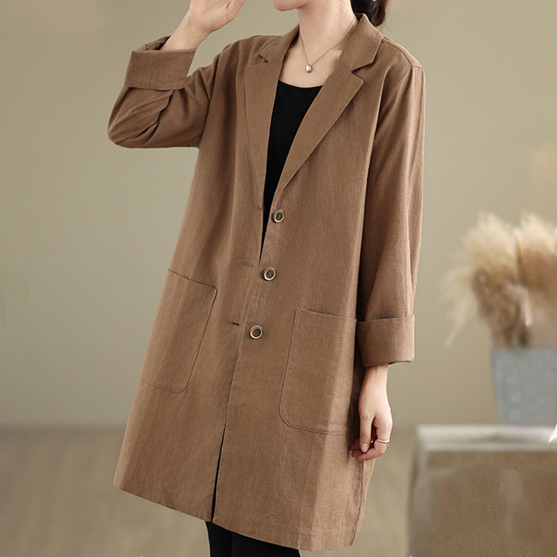 Cappotto da donna in cotone e lino con tasche, modello Buddha Stones, casual, con bottoni e revers - image 10