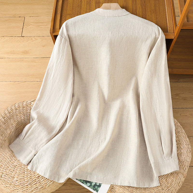 Camicia da donna in cotone e lino con orlo semplice e spacco, tinta unita, motivo Buddha Stones Spring - image 2