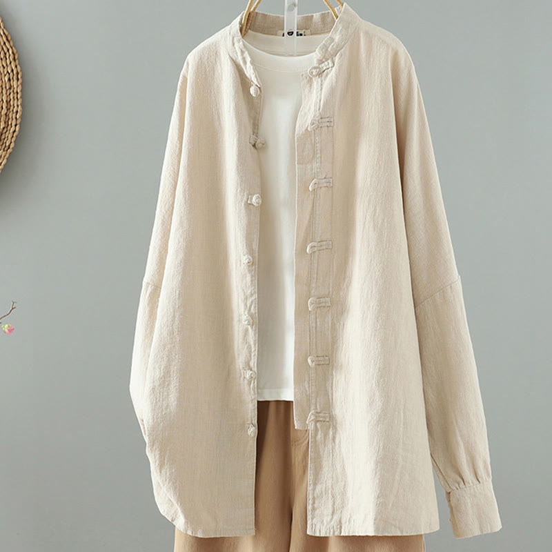 Camicia in cotone e lino con motivo a rana cinese semplice e tinta unita da donna Buddha Stones - Beige - US14, UK/AU18, EU46 (2XL) - image 1