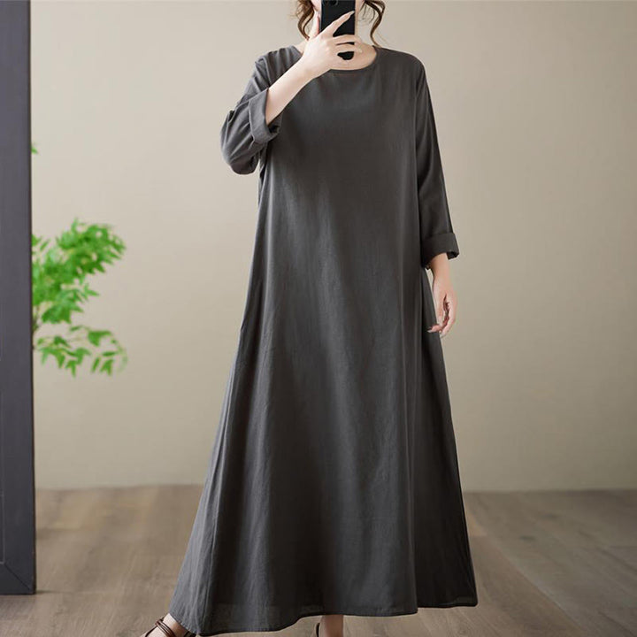 Abito midi casual in cotone e lino con scollo rotondo e tasche Buddha Stones - image 5