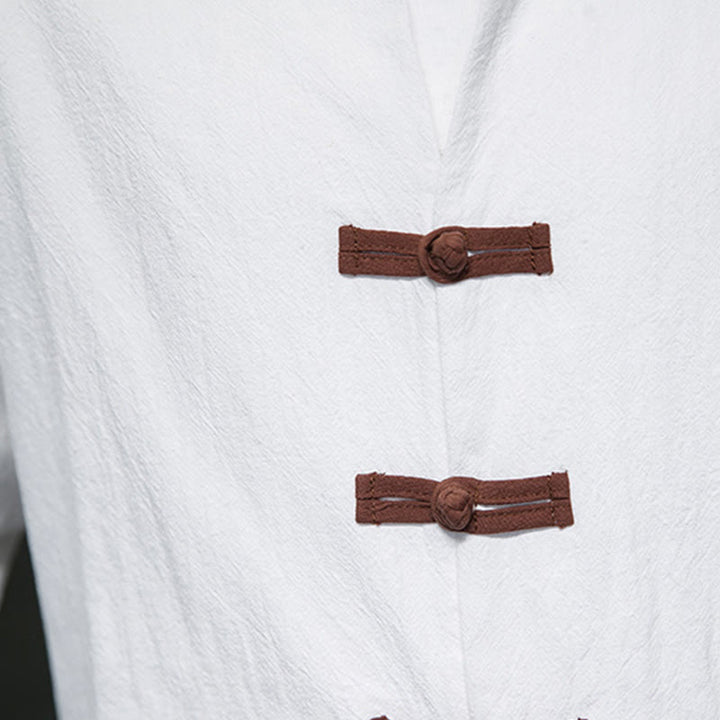 Camicia da uomo in cotone e lino con colletto rialzato, bottoni a rana e maniche lunghe, con tasche, Buddha Stones - image 7