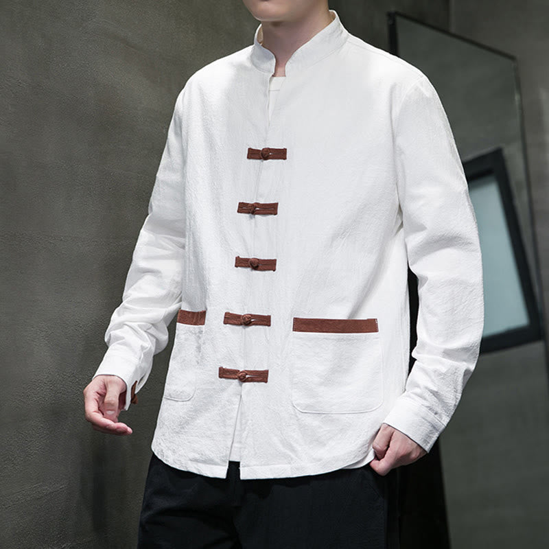 Camicia da uomo in cotone e lino con colletto rialzato, bottoni a rana e maniche lunghe, con tasche, Buddha Stones - image 3