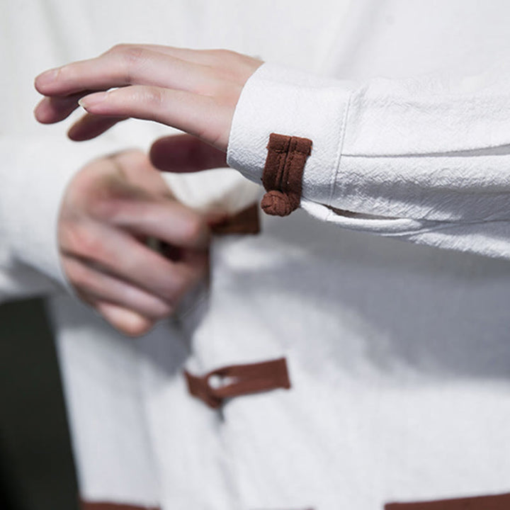 Camicia da uomo in cotone e lino con colletto rialzato, bottoni a rana e maniche lunghe, con tasche, Buddha Stones - image 6