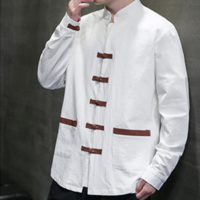 Camicia da uomo in cotone e lino con colletto rialzato, bottoni a rana e maniche lunghe, con tasche, Buddha Stones - image 2