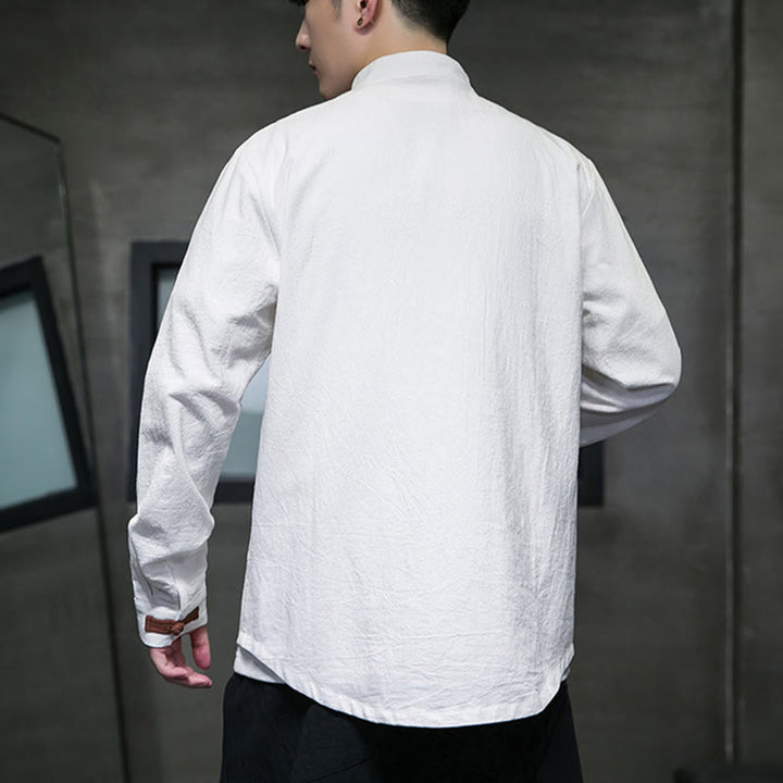 Camicia da uomo in cotone e lino con colletto rialzato, bottoni a rana e maniche lunghe, con tasche, Buddha Stones - image 4