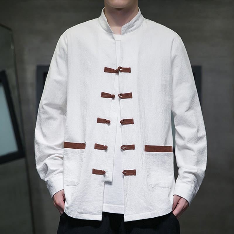 Camicia da uomo in cotone e lino con colletto rialzato, bottoni a rana e maniche lunghe, con tasche, Buddha Stones - Bianco - US/UK/AU46, EU56 (5XL) - image 1