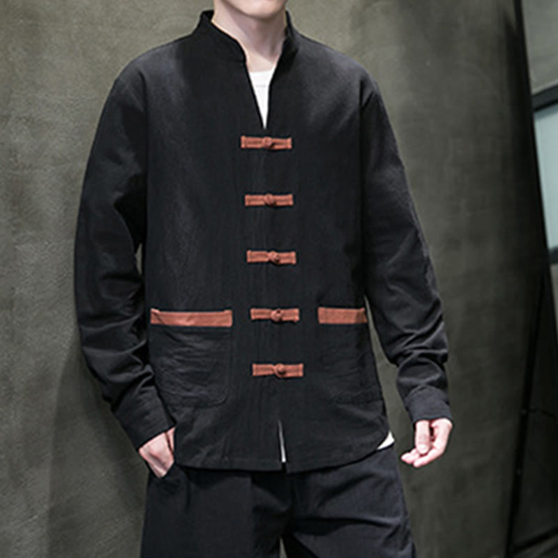 Camicia da uomo in cotone e lino con colletto rialzato, bottoni a rana e maniche lunghe, con tasche, Buddha Stones - image 13