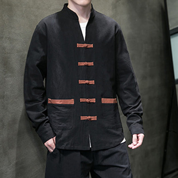 Camicia da uomo in cotone e lino con colletto rialzato, bottoni a rana e maniche lunghe, con tasche, Buddha Stones - image 13