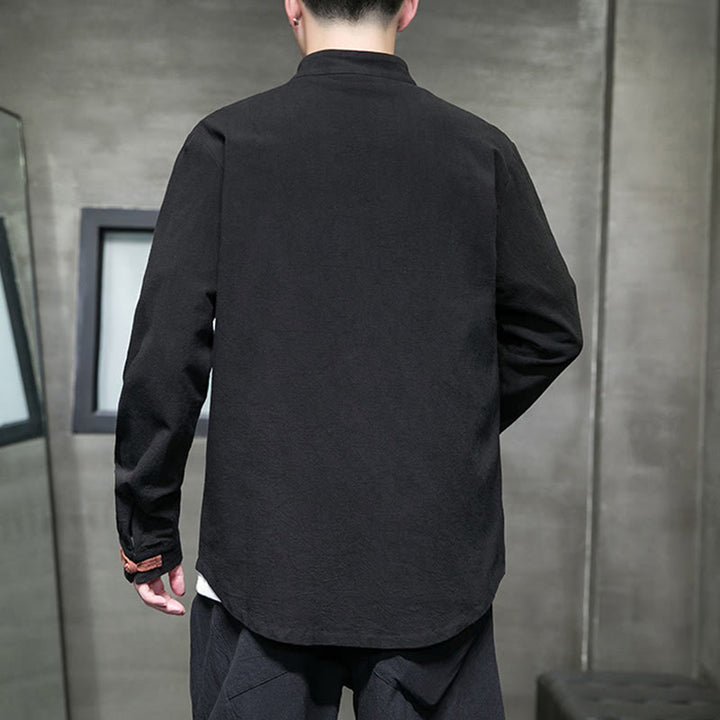 Camicia da uomo in cotone e lino con colletto rialzato, bottoni a rana e maniche lunghe, con tasche, Buddha Stones - image 14