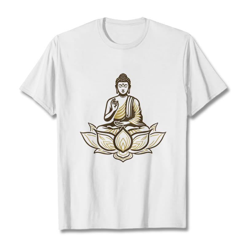 Buddha Stones Maglietta con Buddha che medita nel loto - Bianco - 2XL - image 1