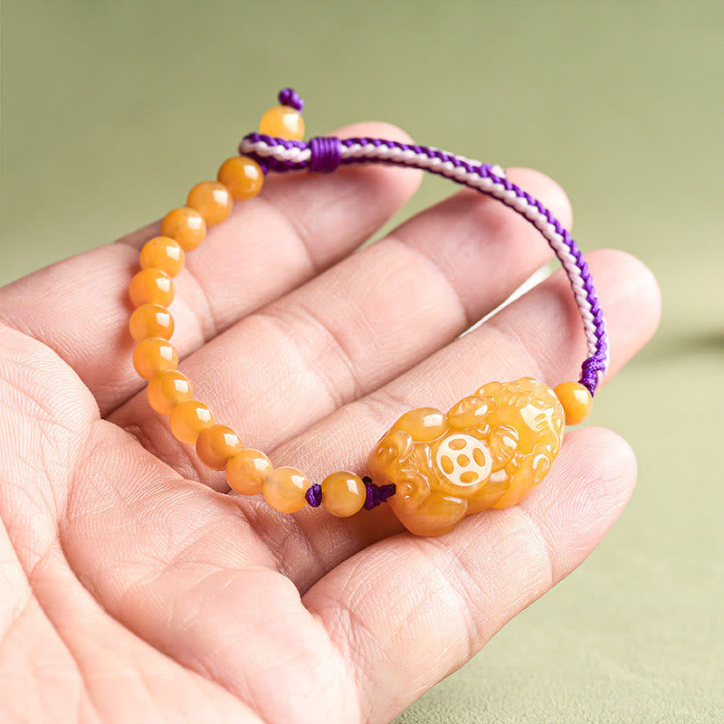 Braccialetto della ricchezza PiXiu con perle di giada di seta dorata e Buddha Stones - image 10