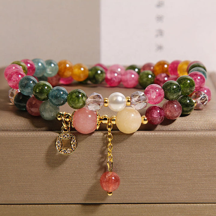 Braccialetto a doppio giro positivo Buddha Stones, tormalina, giada viola, acquamarina e moneta di rame - Tormalina (circonferenza del polso: 14-15 cm) - image 1
