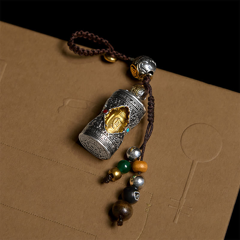 Buddha Stones Om Mani Padme Hum Ghau Scatola di preghiera Portachiavi in argento placcato in rame con portafortuna - image 3