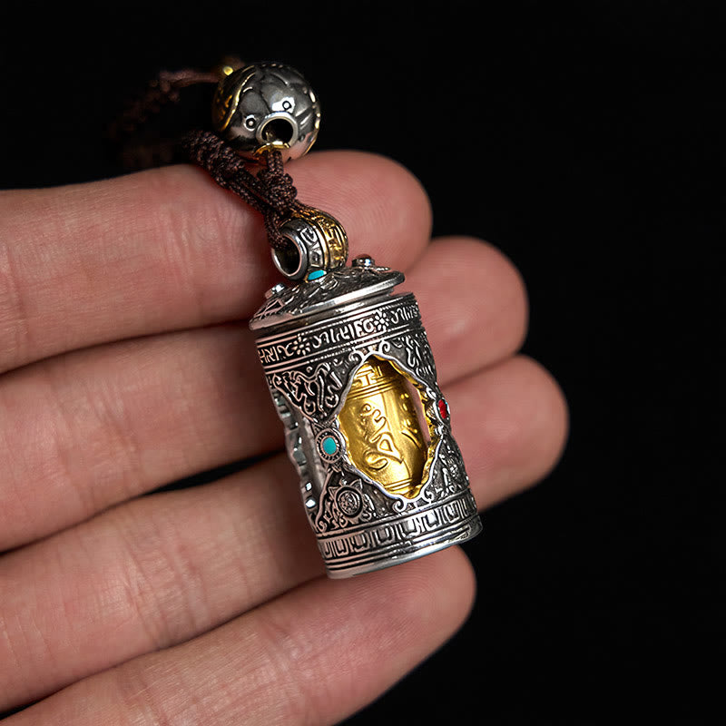 Buddha Stones Om Mani Padme Hum Ghau Scatola di preghiera Portachiavi in argento placcato in rame con portafortuna - image 4