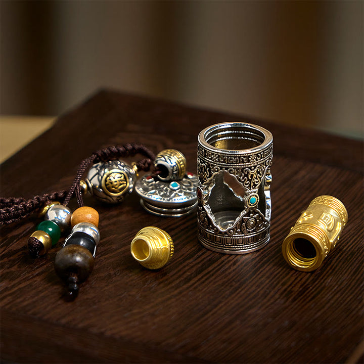 Buddha Stones Om Mani Padme Hum Ghau Scatola di preghiera Portachiavi in argento placcato in rame con portafortuna - image 8