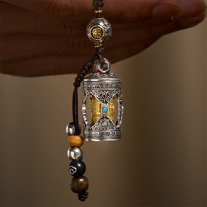 Buddha Stones Om Mani Padme Hum Ghau Scatola di preghiera Portachiavi in argento placcato in rame con portafortuna - Rame (18*39mm) - image 1