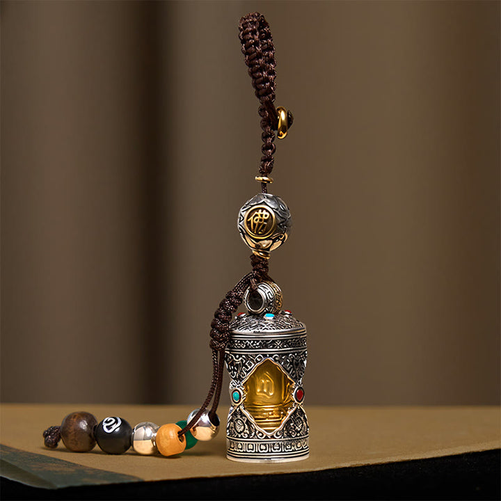 Buddha Stones Om Mani Padme Hum Ghau Scatola di preghiera Portachiavi in argento placcato in rame con portafortuna - image 2