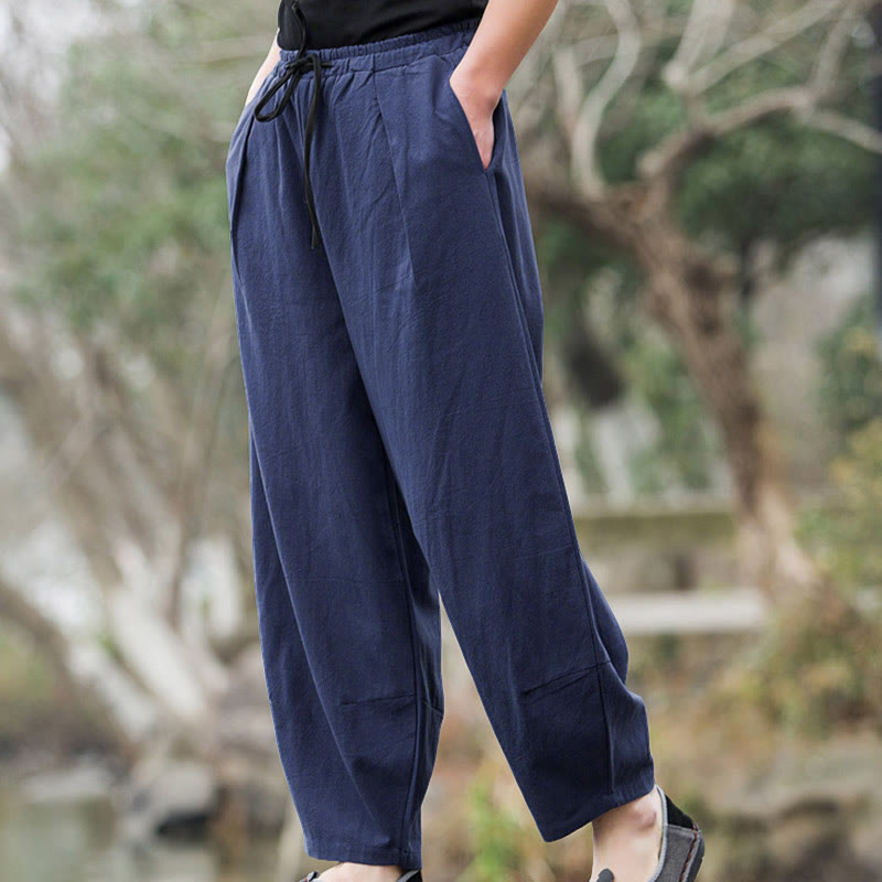 Pantaloni da uomo Buddha Stones in lino casual tinta unita con tasche - image 7