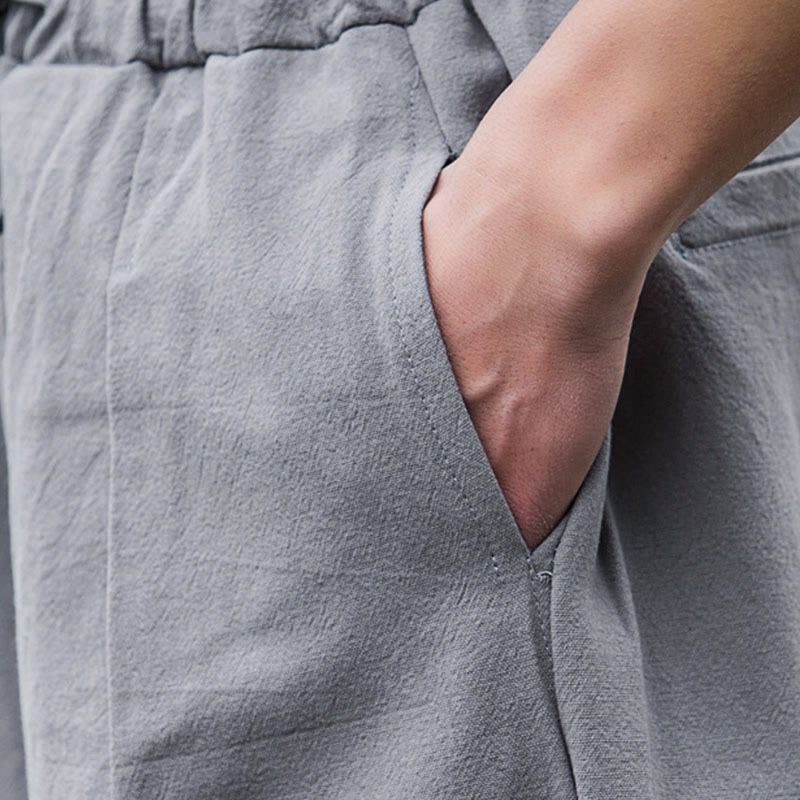 Pantaloni da uomo Buddha Stones in lino casual tinta unita con tasche - image 17